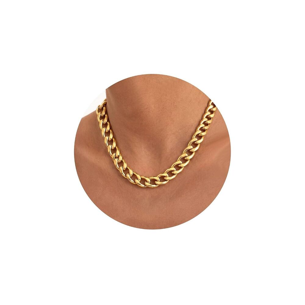Chunky 18K Gold Plated Necklace Non Tarnish Stainless Steel Cuban Link